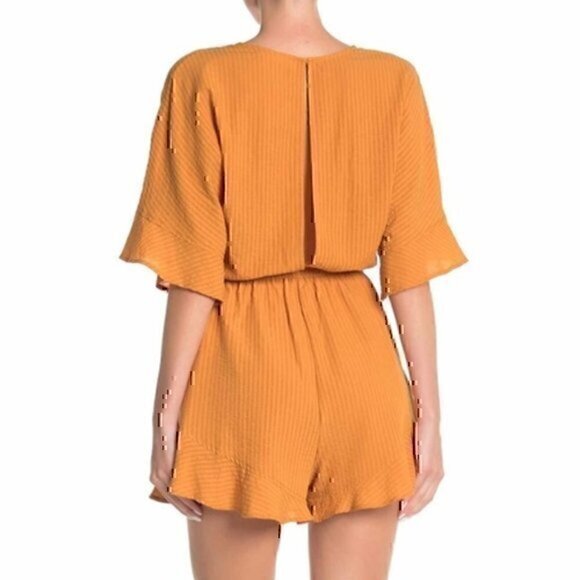 NEW NWT LUSH Solid Mustard Yellow Stripe Cutout Boho Cotton Viscose Romper Small - Picture 3 of 9